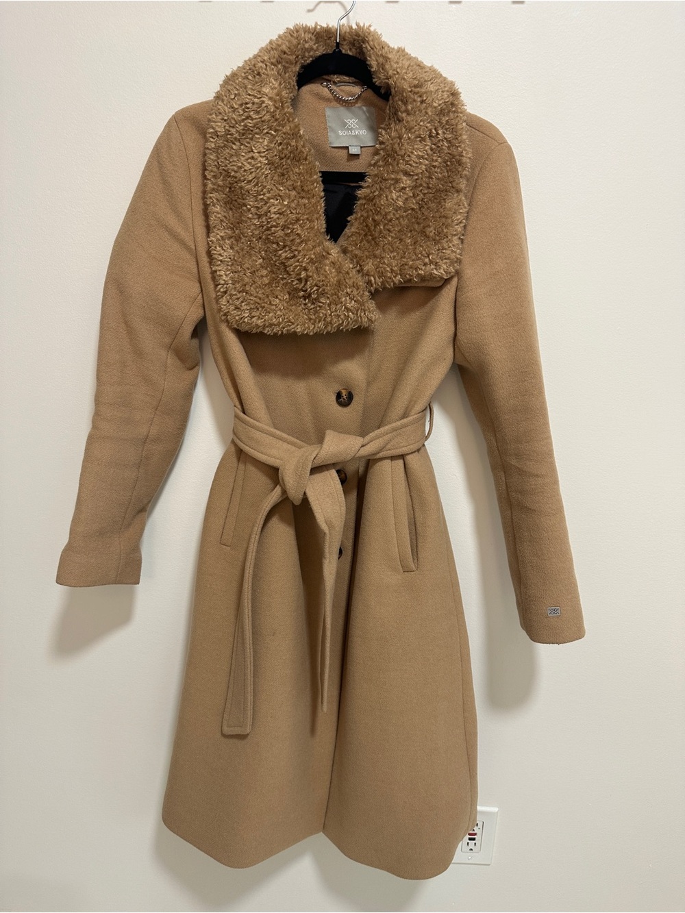 Soia & Kyo Tan Faux-Sherpa Collar Belted Wool Trench Coat